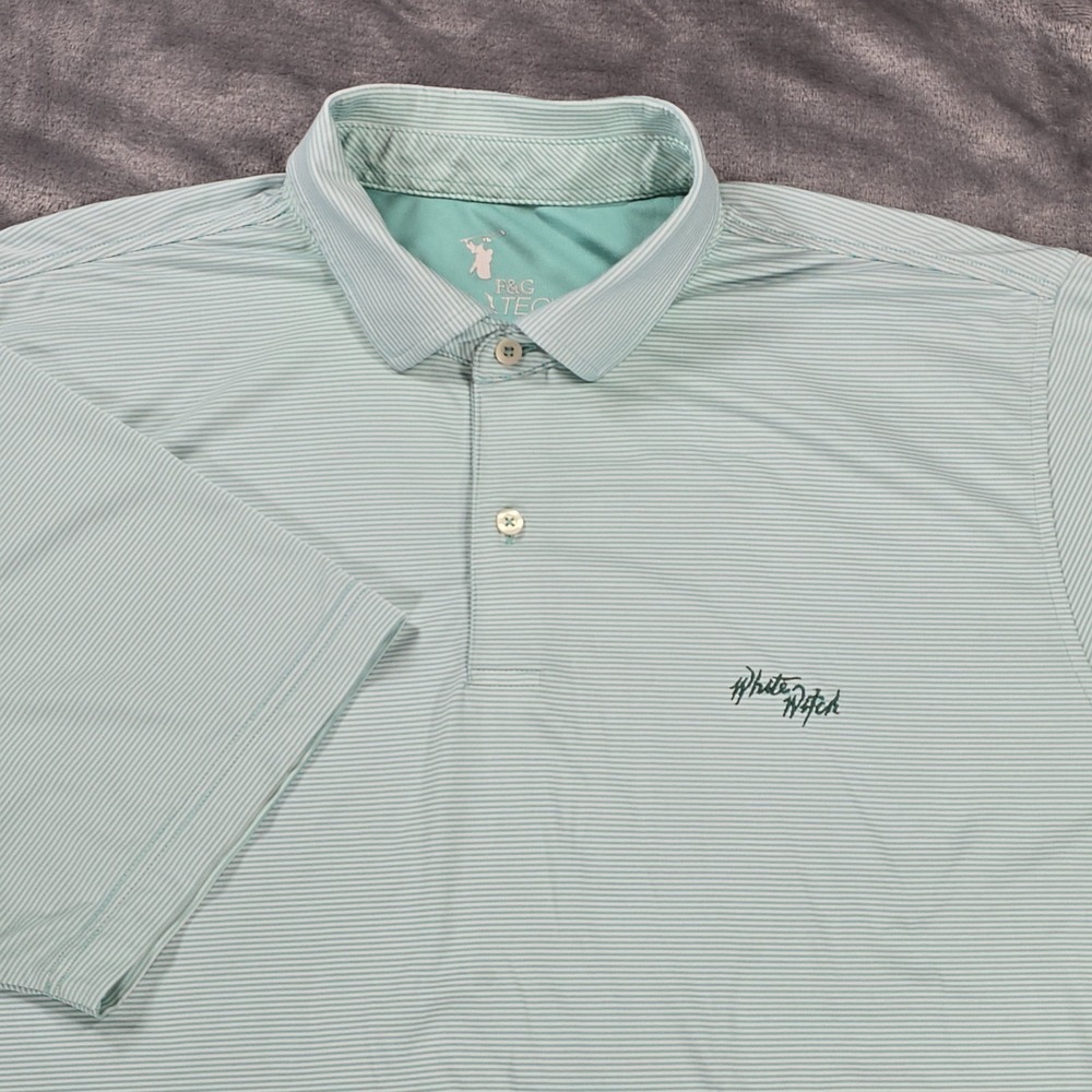F&G Tech Polo Shirt Mens XL Green Stripe White Witch Stretch Wicking Performance